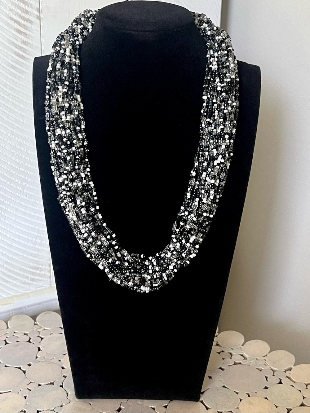 Vintage Multi-strand seed bead necklace black and white glass beads 20”